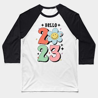 Hello 2023 Groovy Retro Happy Daisy Flower New Year Gift Baseball T-Shirt